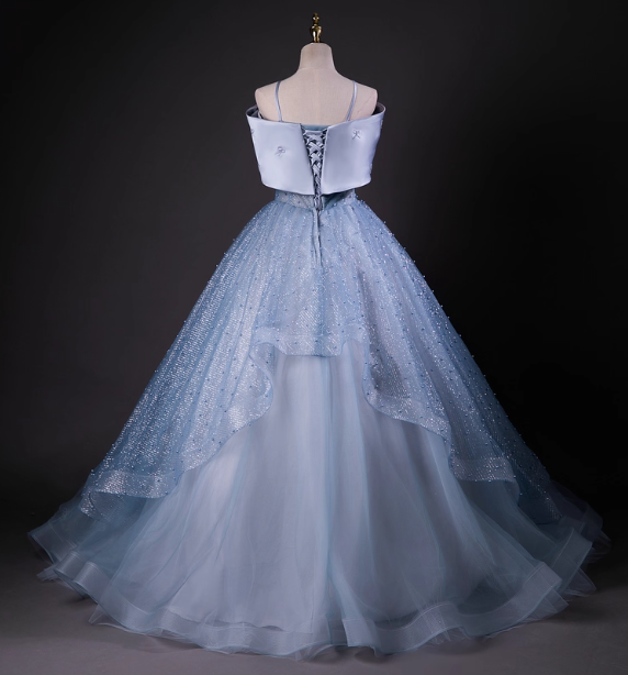 Dreamy Princess Blue Off-Shoulder Oversized Bow Tulle Long Ball Gown Prom Dress Sweet 16 Dress