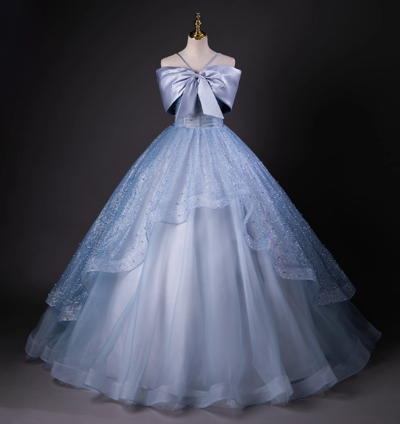 Dreamy Princess Blue Off-Shoulder Oversized Bow Tulle Long Ball Gown Prom Dress Sweet 16 Dress Main image