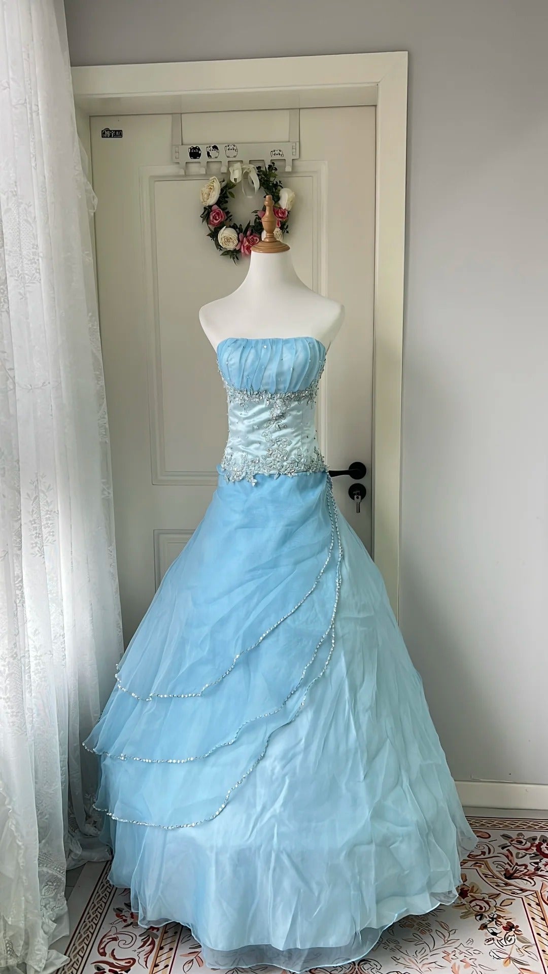 Dreamy Princess Blue Strapless Embroidered Tulle Ball Gown Prom Dress Sweet 16Th Birthday Dress