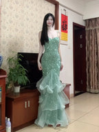 Dreamy Princess Mint Green Mermaid Spaghetti Strap Backless Sequined Long Classy Prom Dress