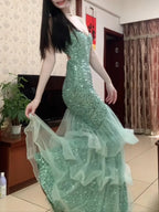 Dreamy Princess Mint Green Mermaid Spaghetti Strap Backless Sequined Long Classy Prom Dress