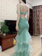 Dreamy Princess Mint Green Mermaid Spaghetti Strap Backless Sequined Long Classy Prom Dress