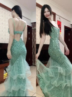 Dreamy Princess Mint Green Mermaid Spaghetti Strap Backless Sequined Long Classy Prom Dress