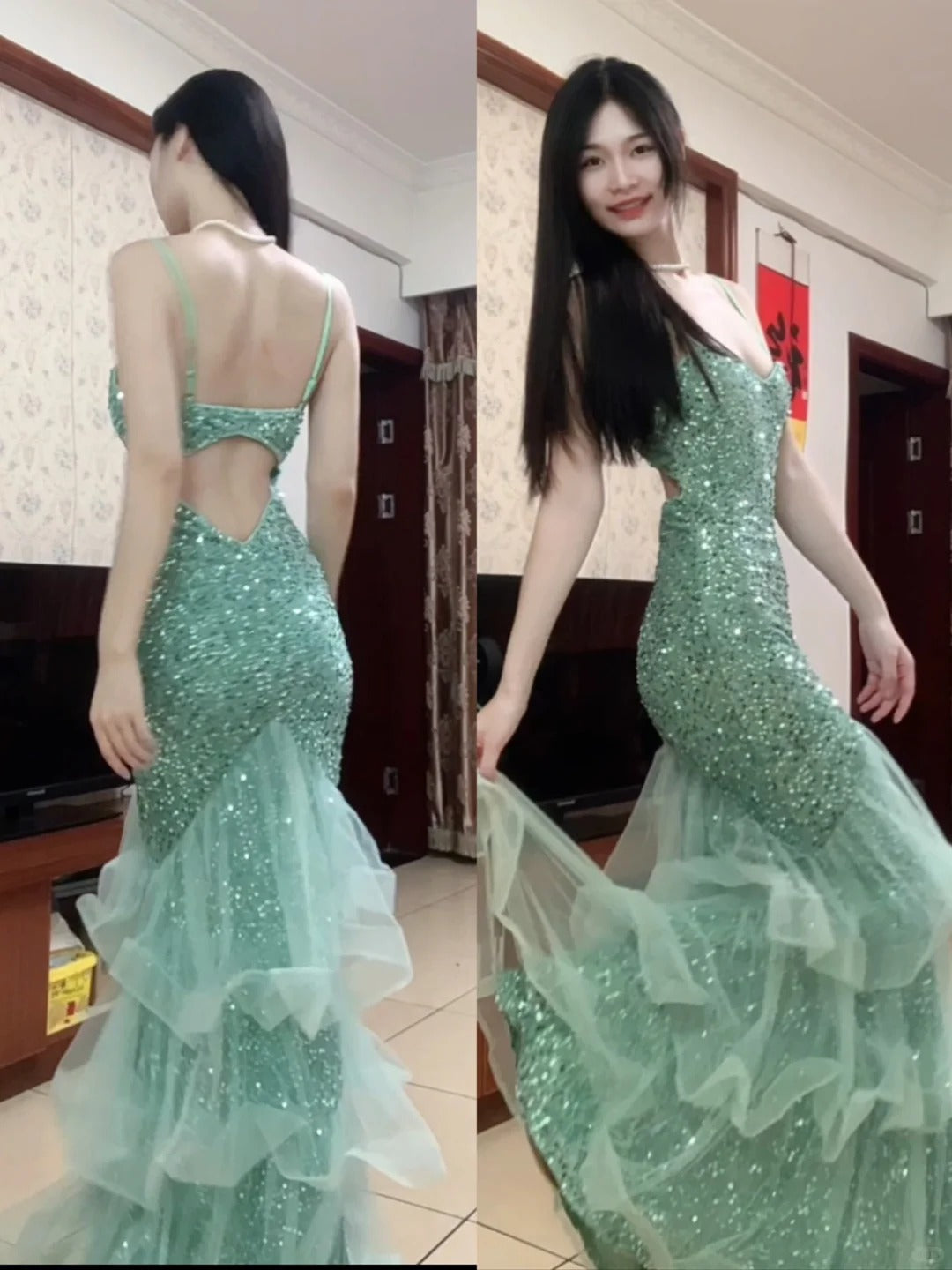Dreamy Princess Mint Green Mermaid Spaghetti Strap Backless Sequined Long Classy Prom Dress