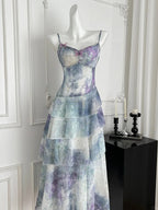 Dreamy Purple And Blue Gradient A-Line Spaghetti Strap Cake Chiffon Long Classy Prom Dress