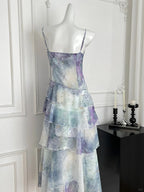 Dreamy Purple And Blue Gradient A-Line Spaghetti Strap Cake Chiffon Long Classy Prom Dress