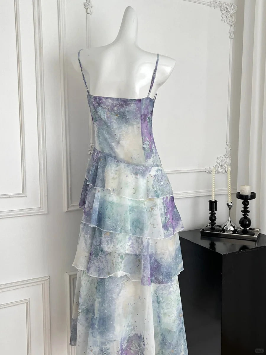 Dreamy Purple And Blue Gradient A-Line Spaghetti Strap Cake Chiffon Long Classy Prom Dress