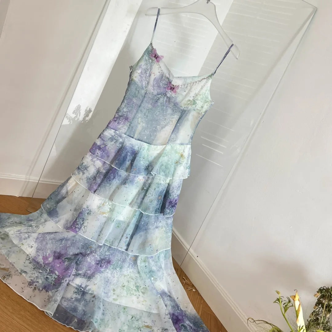 Dreamy Purple And Blue Gradient A-Line Spaghetti Strap Cake Chiffon Long Classy Prom Dress