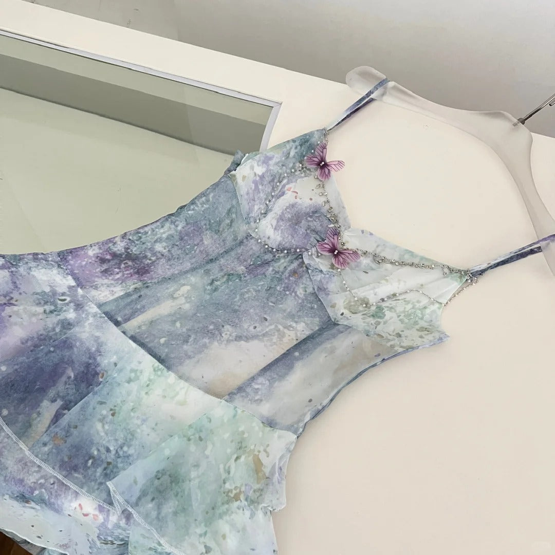 Dreamy Purple And Blue Gradient A-Line Spaghetti Strap Cake Chiffon Long Classy Prom Dress