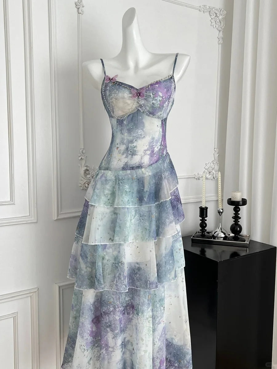 Dreamy Purple And Blue Gradient A-Line Spaghetti Strap Cake Chiffon Long Classy Prom Dress Main image