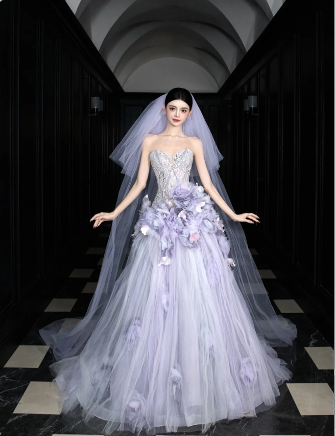 Dreamy Purple Strapless 3D Floral Tulle Train Ball Gown Prom Dress Secondary image