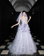 Dreamy Purple Strapless 3D Floral Tulle Train Ball Gown Prom Dress