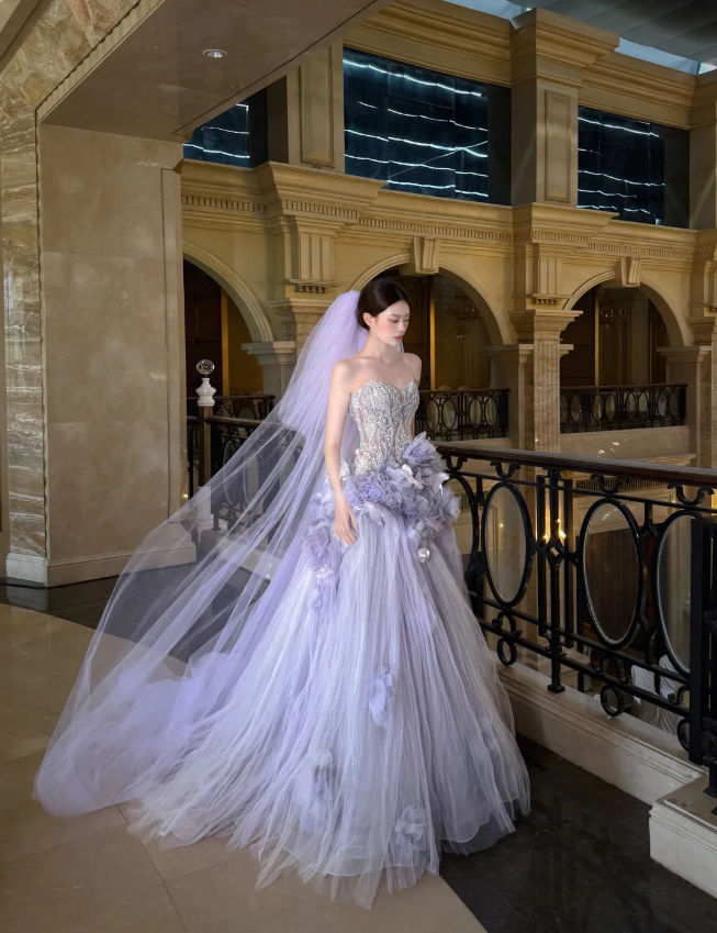 Dreamy Purple Strapless 3D Floral Tulle Train Ball Gown Prom Dress
