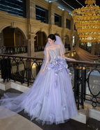 Dreamy Purple Strapless 3D Floral Tulle Train Ball Gown Prom Dress