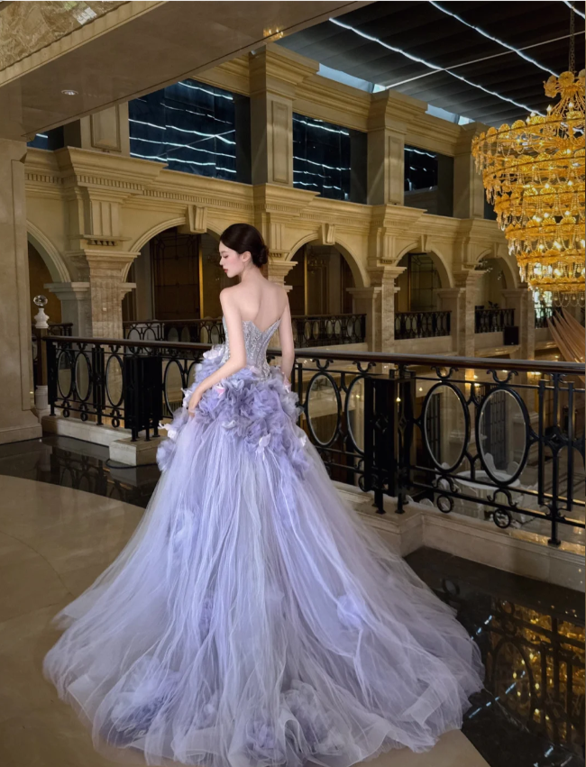 Dreamy Purple Strapless 3D Floral Tulle Train Ball Gown Prom Dress
