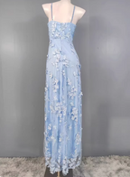 Dreamy Sky Blue A-Line Spaghetti Strap Deep V 3D Floral Tulle Long Classy Prom Dress