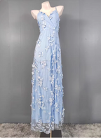 Dreamy Sky Blue A-Line Spaghetti Strap Deep V 3D Floral Tulle Long Classy Prom Dress