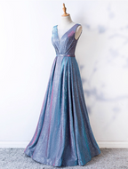 Dreamy Starry Sky Gradient Purple-Blue V-Neck Satin Long Classy Prom Dress