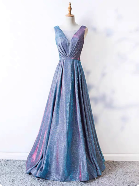 Dreamy Starry Sky Gradient Purple-Blue V-Neck Satin Long Classy Prom Dress Main image