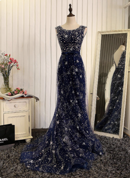 Dreamy Starry Sky Navy Blue A-Line Crew Neck Star-Patterned Tulle Train Classy Prom Dress Secondary image