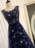 Dreamy Starry Sky Navy Blue A-Line Crew Neck Star-Patterned Tulle Train Classy Prom Dress