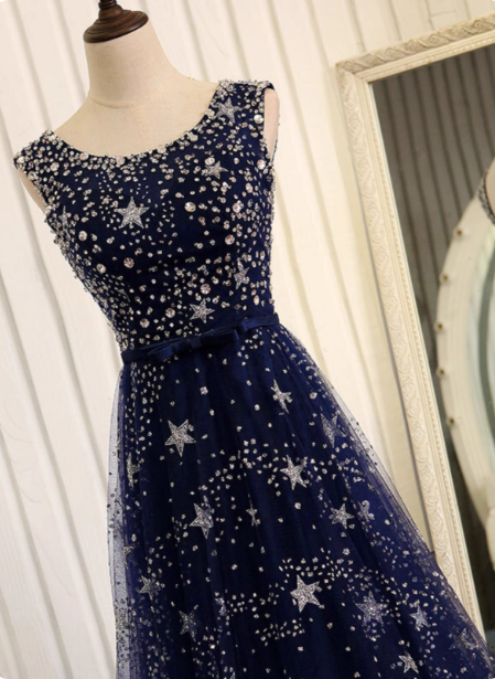 Dreamy Starry Sky Navy Blue A-Line Crew Neck Star-Patterned Tulle Train Classy Prom Dress