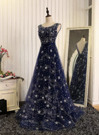 Dreamy Starry Sky Navy Blue A-Line Crew Neck Star-Patterned Tulle Train Classy Prom Dress