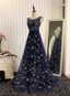 Dreamy Starry Sky Navy Blue A-Line Crew Neck Star-Patterned Tulle Train Classy Prom Dress
