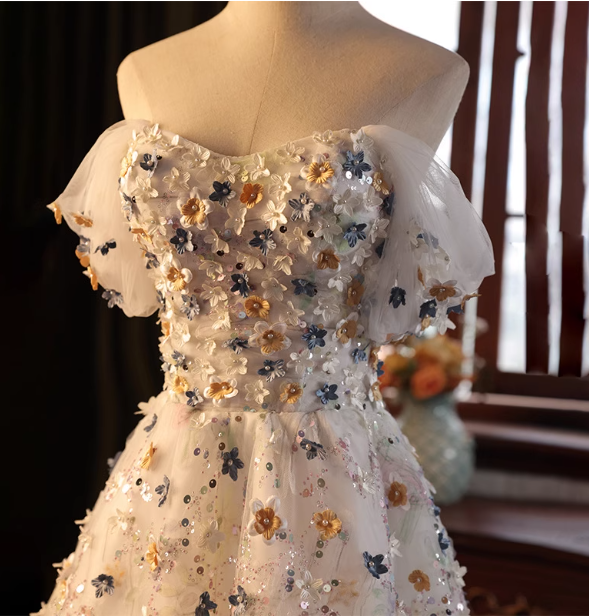 Dreamy White A-Line Off-The-Shoulder 3D Floral Sequined Tulle Long Classy Prom Dress