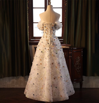 Dreamy White A-Line Off-The-Shoulder 3D Floral Sequined Tulle Long Classy Prom Dress