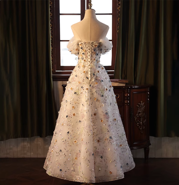 Dreamy White A-Line Off-The-Shoulder 3D Floral Sequined Tulle Long Classy Prom Dress