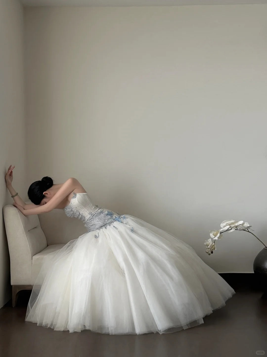 Dreamy White And Blue Gradient A-Line Strapless Tulle Long Classy Prom Dress Wedding Dress Secondary image