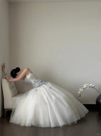 Dreamy White And Blue Gradient A-Line Strapless Tulle Long Classy Prom Dress Wedding Dress
