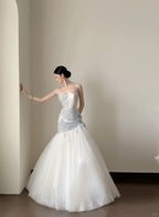 Dreamy White And Blue Gradient A-Line Strapless Tulle Long Classy Prom Dress Wedding Dress