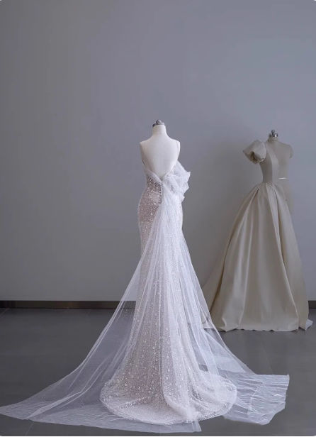 Dreamy White Mermaid Spaghetti Strap Open Back Tulle Train Classy Prom Dress Secondary image