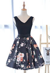 Cute V-Neck Floral Evening Prom Dress, A-Line Homecoming Dress