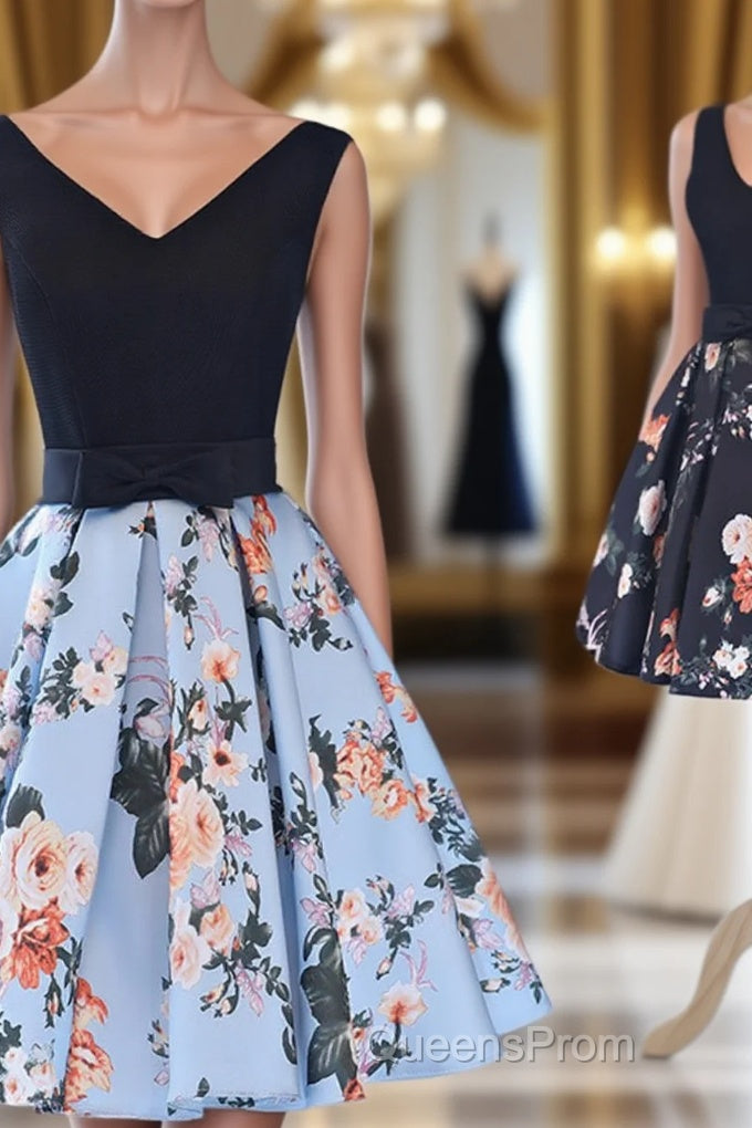 Cute V-Neck Floral Evening Prom Dress, A-Line Homecoming Dress Main image
