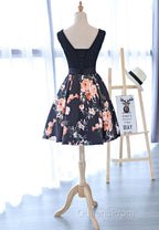 Cute V-Neck Floral Evening Prom Dress, A-Line Homecoming Dress