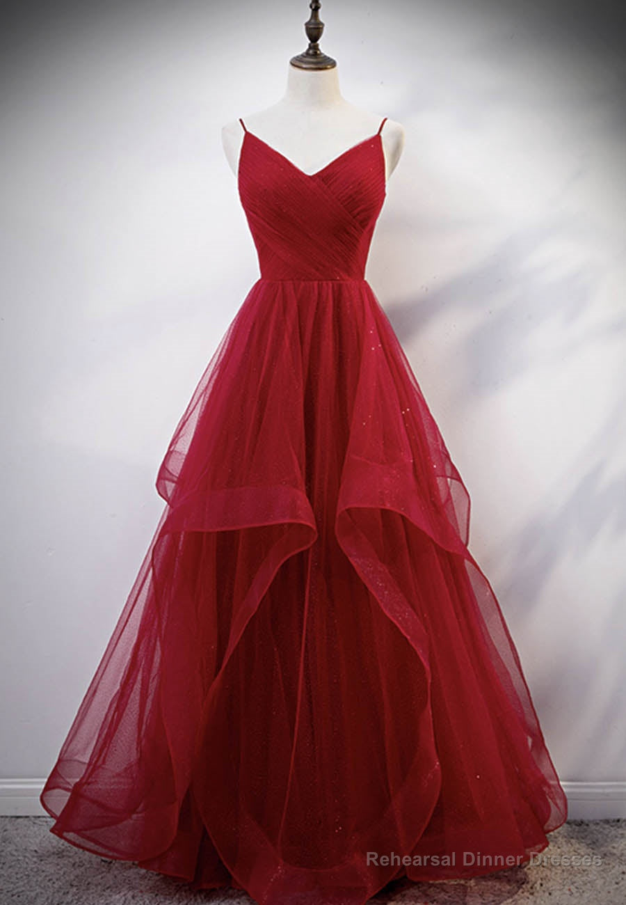Burgundy Tulle Long Prom Dresses, V-Neck Evening Dress Main image