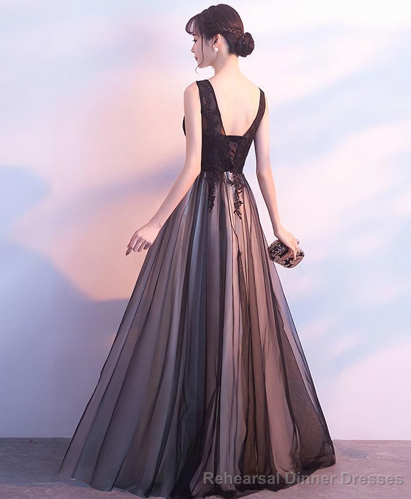 Black Tulle V Neck Long Prom Dress Black Evening Dress