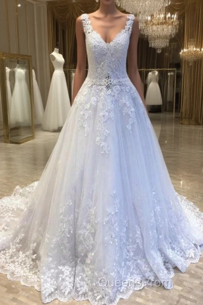 Delicate V Neck With Lace Appliques Wedding Dress Main image