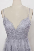 Spaghetti Straps Long Lace Evening Prom Gown, A Line V Neck Sleeveless Formal Dress