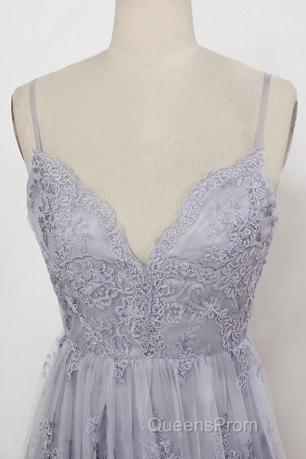 Spaghetti Straps Long Lace Evening Prom Gown, A Line V Neck Sleeveless Formal Dress