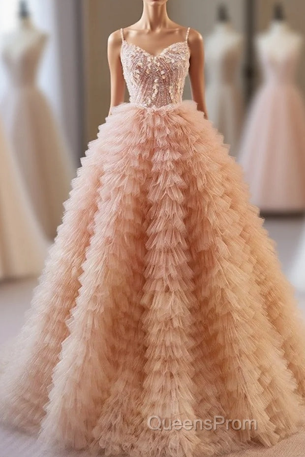 Unique V Neck Tulle Sequin Orange Pink Long Evening Prom Dress, Orange Pink Sweet 16 Dress Main image