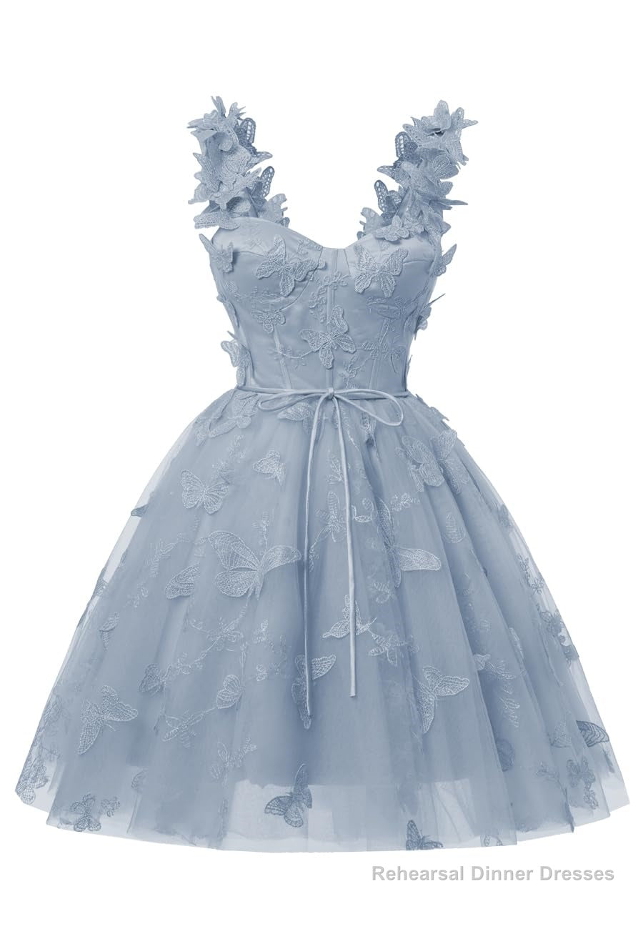 Dusty Blue 3D Butterfly Lace Applique Tulle Homecoming Dress for Teens Sweetheart Mini Short Prom Dresses Main image