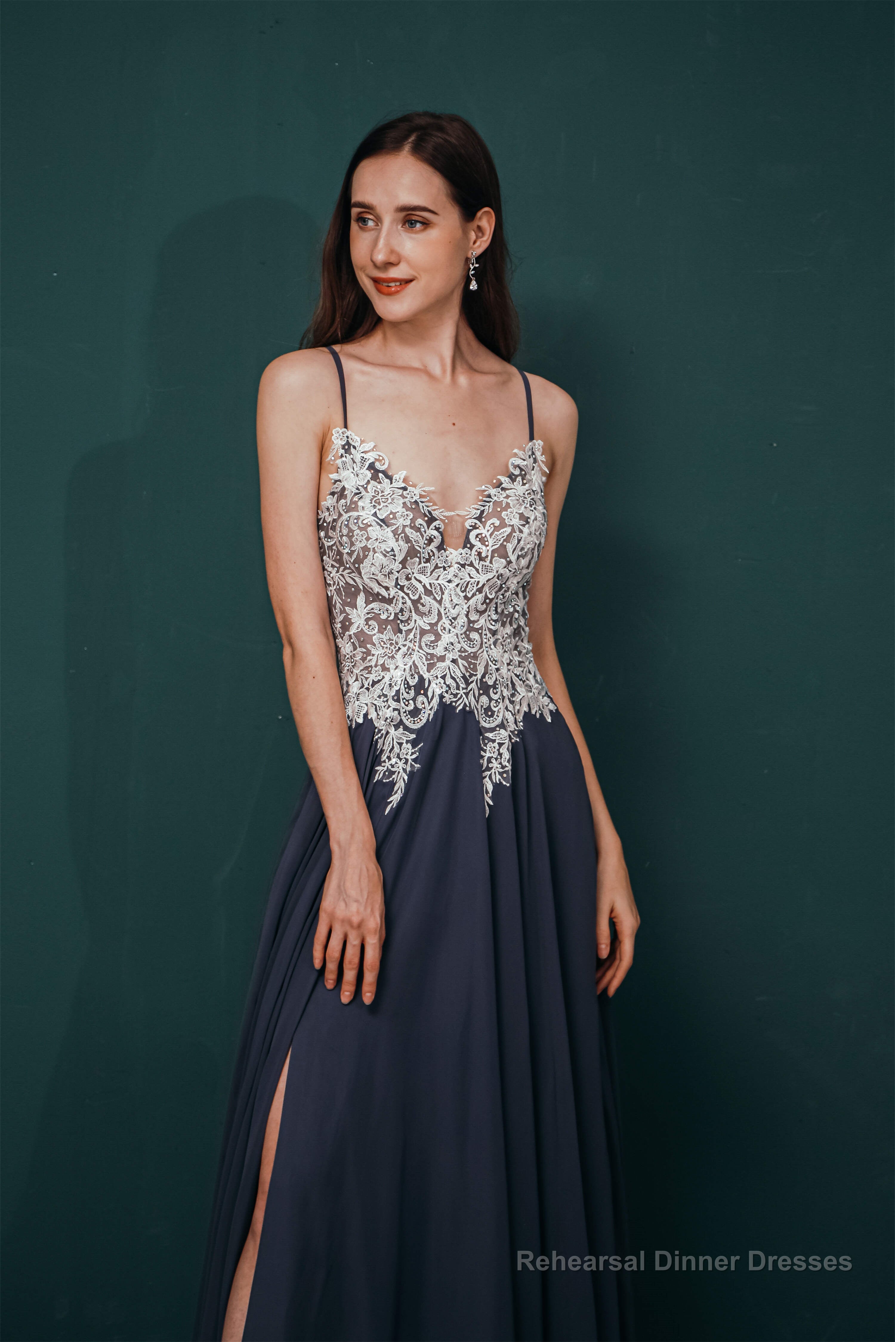 A-line Spaghetti Straps Side Split Long Prom Dresses