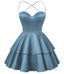 Dusty Blue Satin Homecoming Dress Sweetheart Neck Tiered Short Graduation Dresses