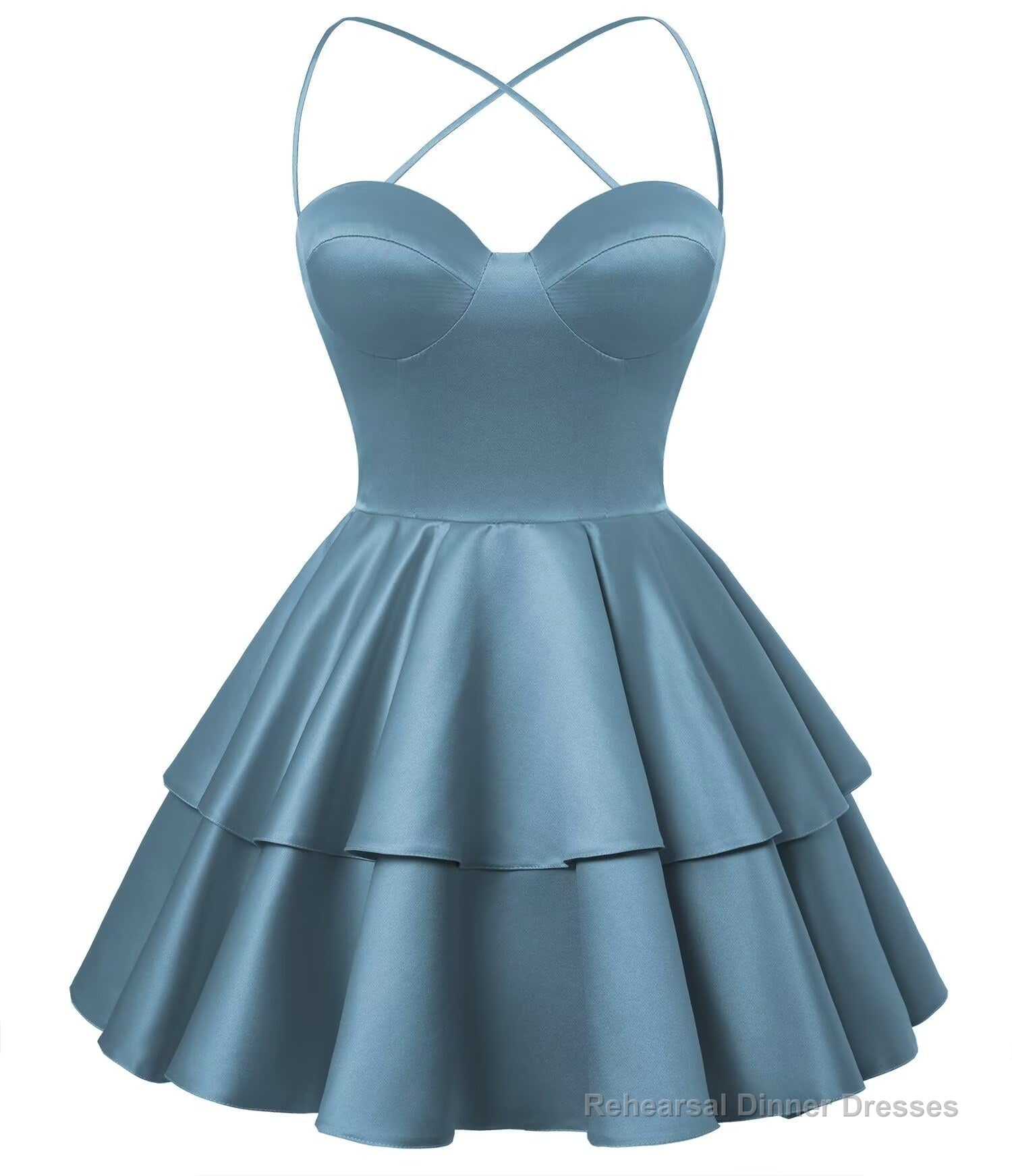 Dusty Blue Satin Homecoming Dress Sweetheart Neck Tiered Short Graduation Dresses Secondary image