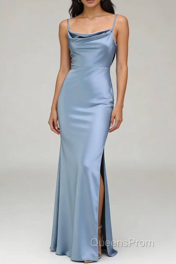 Dusty Blue Sheath Spaghetti Straps Satin Long Bridesmaid Dress