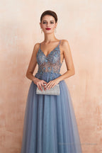 Spaghetti Straps V-neck Sheer Top Tulle Long Prom Dresses with Side Slit